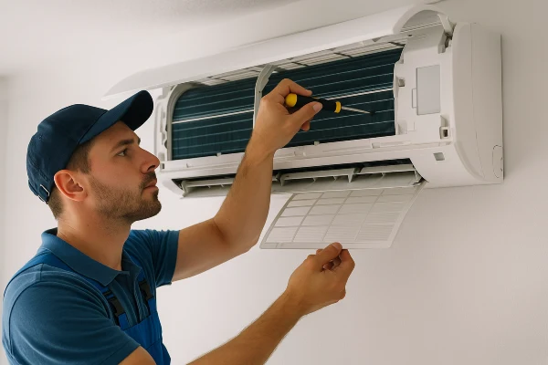 an hvac technician checking a mini split ac from Round Rock Air Conditioning Repair in Round Rock, TX - 24 hour ac service