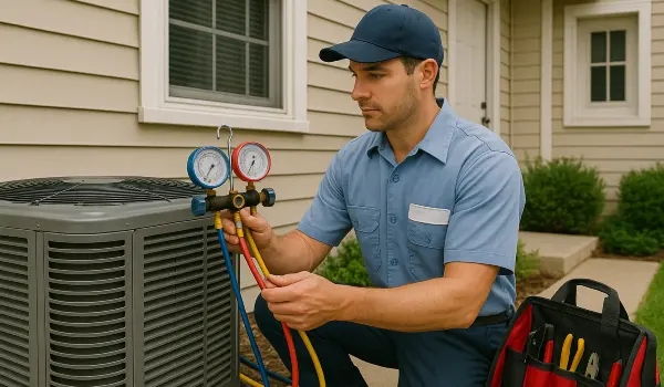 an hvac technician in uniform using the manifold gauge to test an ac unit from Round Rock Air Conditioning Repair in Round Rock, TX - 24 hour air conditioning repair