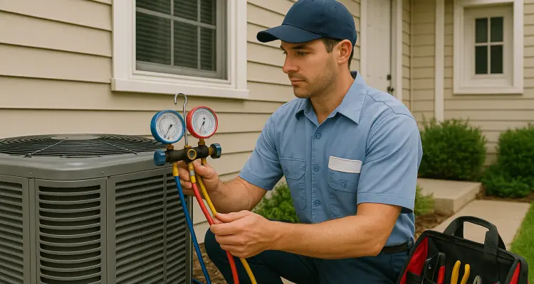 an hvac technician in uniform using the manifold gauge to test an ac unit from Round Rock Air Conditioning Repair in Round Rock, TX - 24 hour air conditioning repair