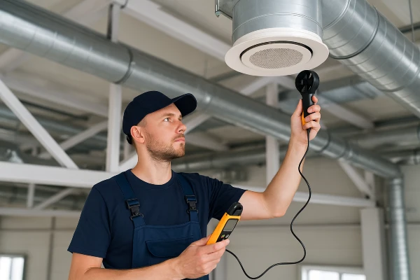 a male hvac technician measuring the temperature with a device from Round Rock Air Conditioning Repair in Round Rock, TX - ac contractors near me