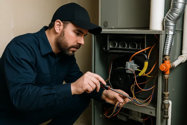 a male hvac technician checking a furnace wiring from Round Rock Air Conditioning Repair in Round Rock, TX - AC Installation