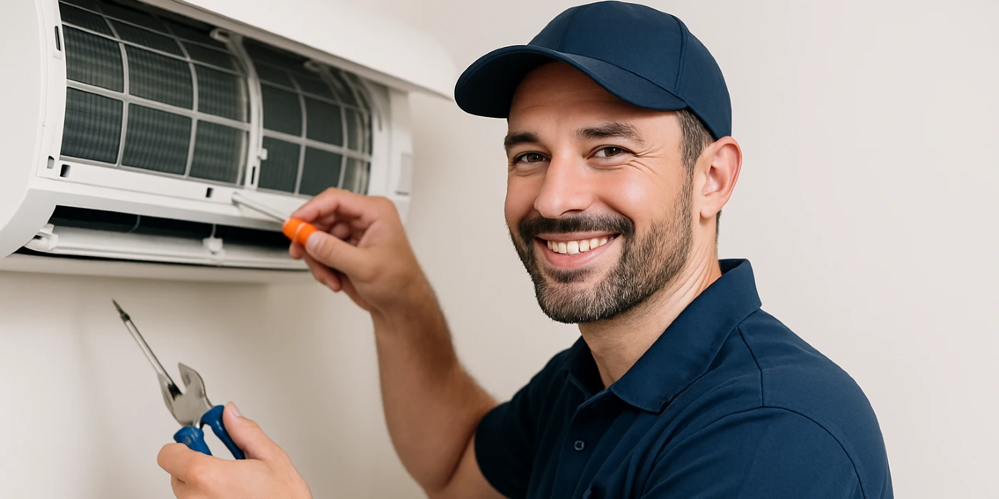 a male hvac techinican using a screwdriver to open a mini split unit and smiling at the camera from Round Rock Air Conditioning Repair in Round Rock, TX - AC system maintenance a male hvac techinican using a screwdriver to open a mini split unit and smiling at the camera from Round Rock Air Conditioning Repair in Round Rock, TX - AC system maintenance