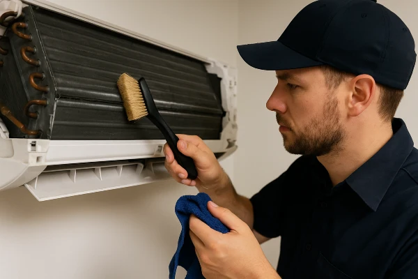 an hvac technician cleaning the coils of an AC unit from Round Rock Air Conditioning Repair in Round Rock, TX - AC system maintenance an hvac technician cleaning the coils of an AC unit from Round Rock Air Conditioning Repair in Round Rock, TX - AC system maintenance