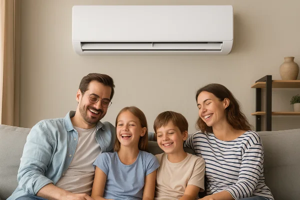 a family on a couch enjoying the cool air coming from a mini split AC unit from Round Rock Air Conditioning Repair in Round Rock, TX - AC system maintenance a family on a couch enjoying the cool air coming from a mini split AC unit from Round Rock Air Conditioning Repair in Round Rock, TX - AC system maintenance