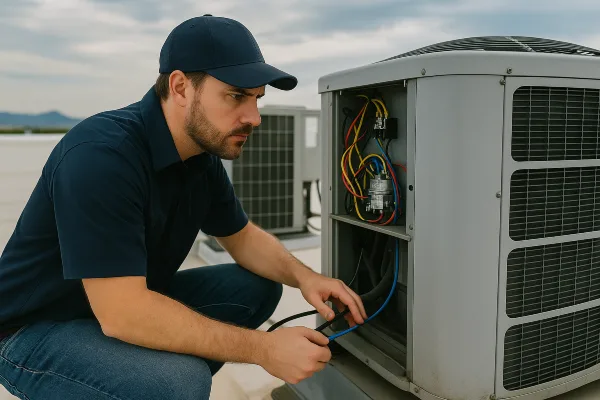 a male hvac technician checking a commercial ac unit on the roof of the building from Round Rock Air Conditioning Repair in Round Rock, TX - air conditioning emergency services