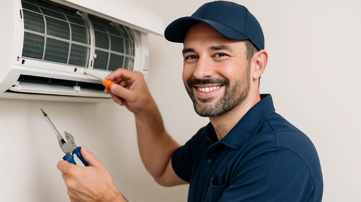 a male hvac techinican using a screwdriver to open a mini split unit and smiling at the camera from Round Rock Air Conditioning Repair in Round Rock, TX - air conditioning service repair