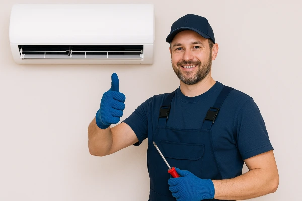 a male hvac technician smiling and giving a thumbs-up at the camera from Round Rock Air Conditioning Repair in Round Rock, TX - air conditioning service repair