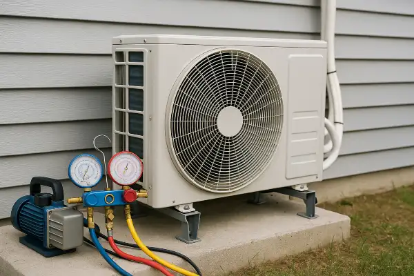 an ac unit outside with an ac manifold gauge next to it from Round Rock Air Conditioning Repair in Austin, TX - Austin TX