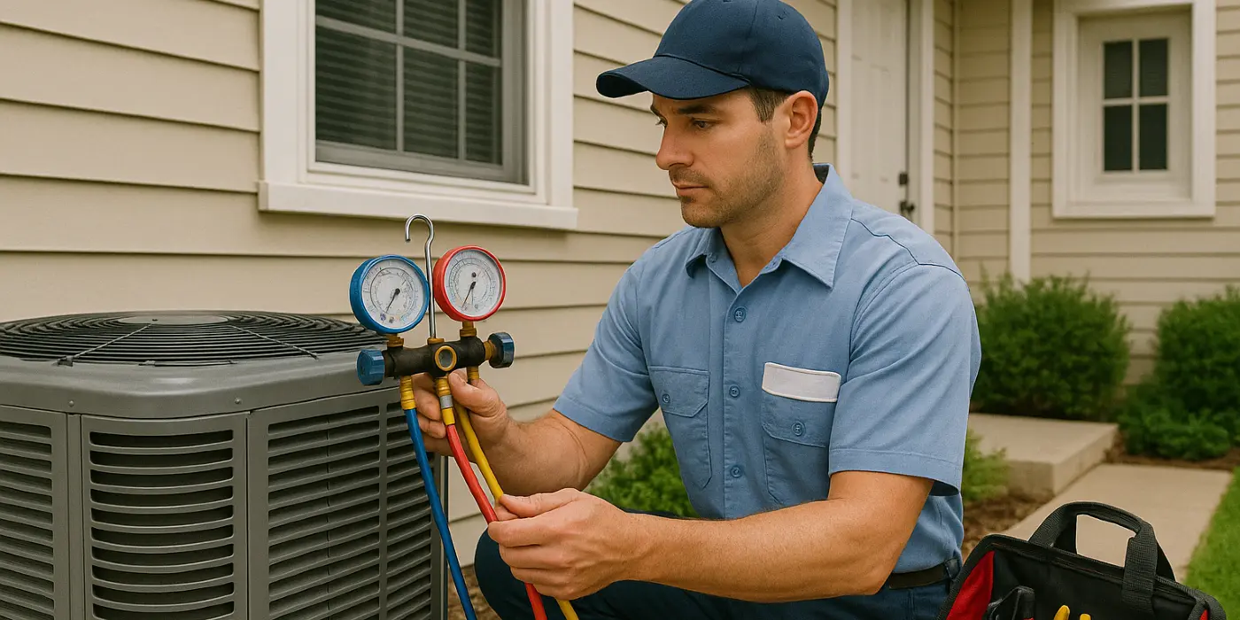 an hvac technician in uniform using the manifold gauge to test an ac unit from Round Rock Air Conditioning Repair in Cedar Park, TX - Cedar Park TX