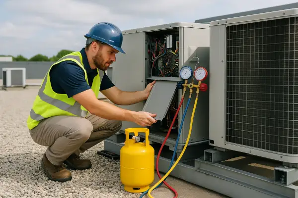 an hvac technician using a small freon tank to refill an ac unit from Round Rock Air Conditioning Repair in Cedar Park, TX - Cedar Park TX