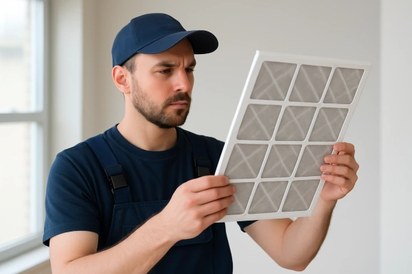 an hvac technician holding and checking an ac filter from Round Rock Air Conditioning Repair in Cedar Park, TX - Cedar Park TX