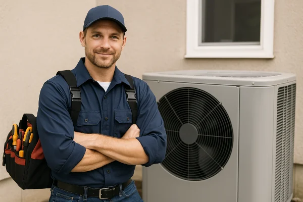 a male hvac technician with a tool bag smiling at the camera from Round Rock Air Conditioning Repair in Round Rock, TX - Commercial air conditioning repair