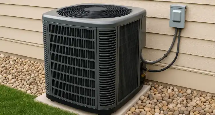 a brand new AC unit outside on a concrete slab from Round Rock Air Conditioning Repair in Round Rock, TX - emergency air conditioner repair