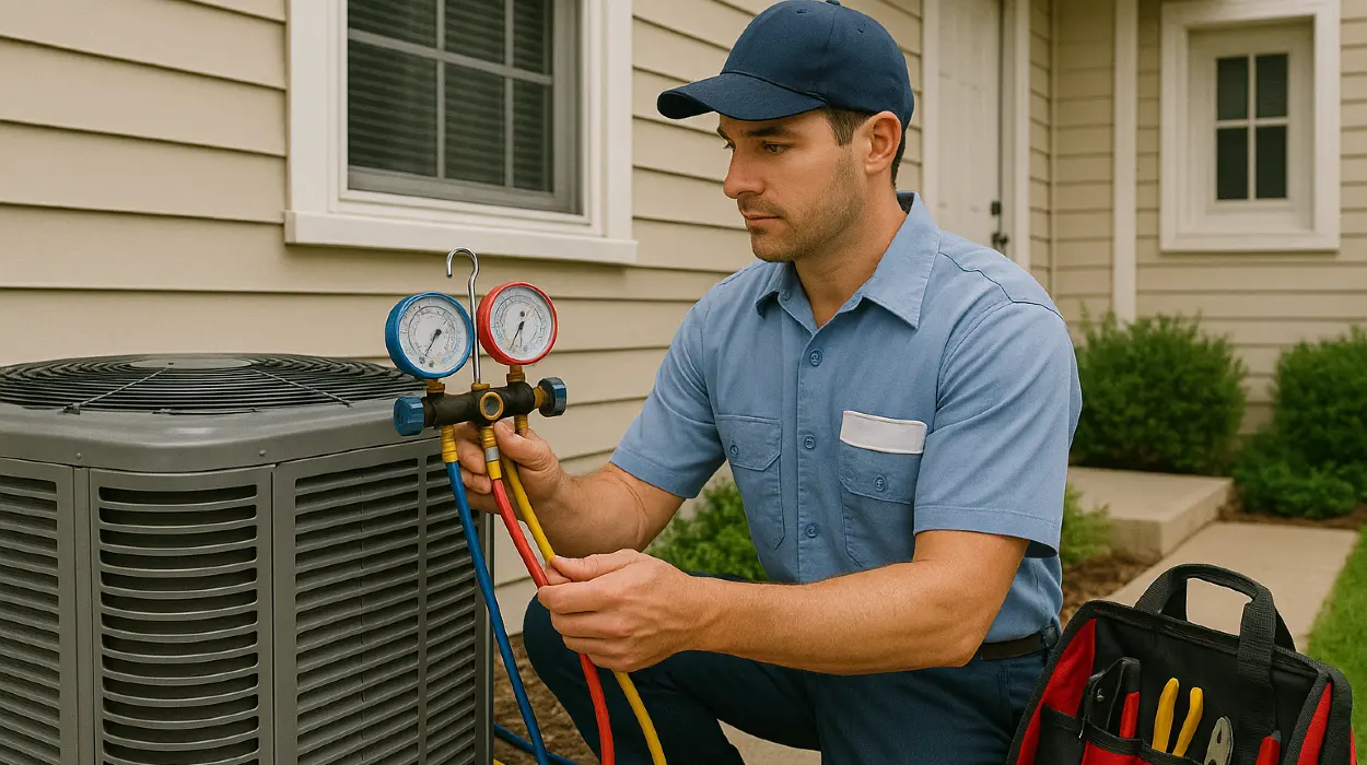 an hvac technician in uniform using the manifold gauge to test an ac unit from Round Rock Air Conditioning Repair in Round Rock, TX - heating and cooling near me