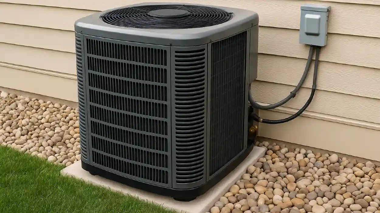 a brand new AC unit outside on a concrete slab from Round Rock Air Conditioning Repair in Round Rock, TX - Heating system installation