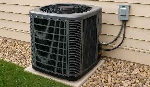 a brand new AC unit outside on a concrete slab from Round Rock Air Conditioning Repair in Round Rock, TX - Heating system installation
