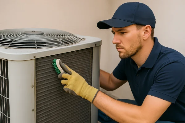 a male hvac technician cleaning the coils of an old AC unit from Round Rock Air Conditioning Repair in Round Rock, TX - Heating system installation a male hvac technician cleaning the coils of an old AC unit from Round Rock Air Conditioning Repair in Round Rock, TX - Heating system installation