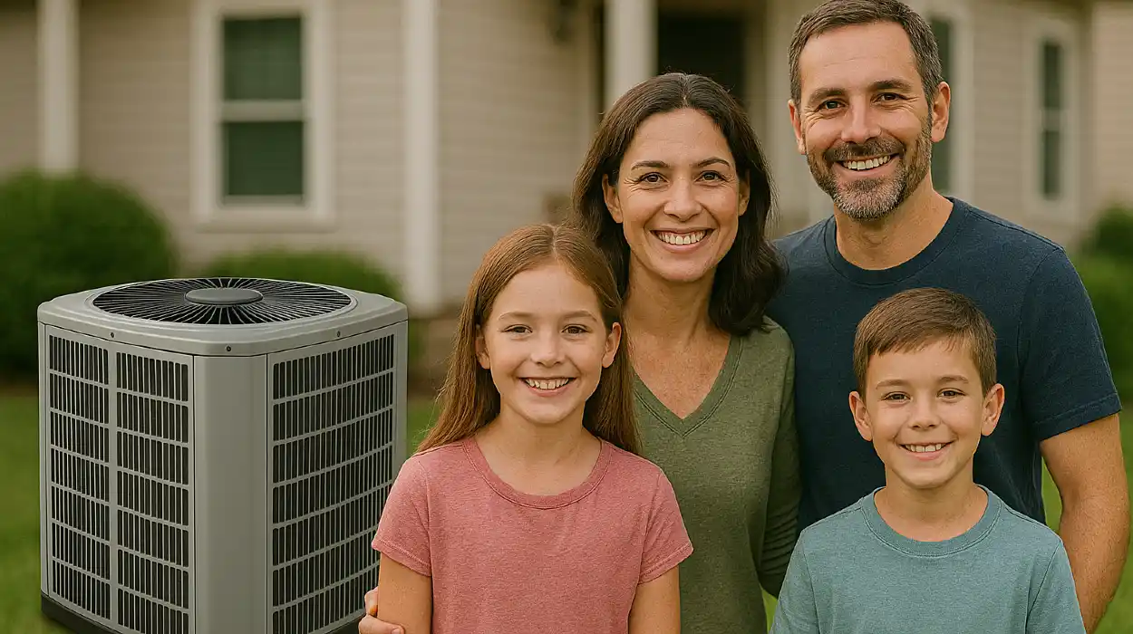 a family outside the house smiling at the camera with a new AC unit next to them from Round Rock Air Conditioning Repair in Round Rock, TX - hvac company near me