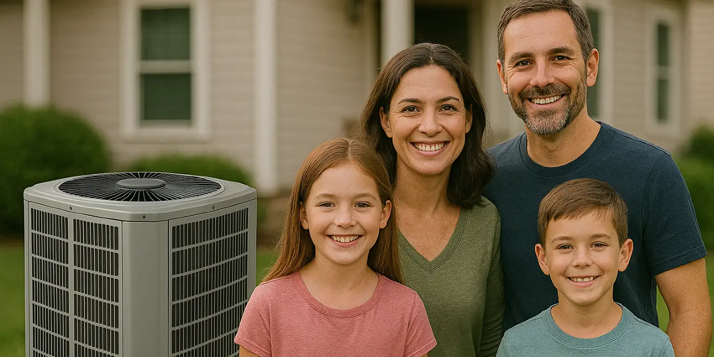 a family outside the house smiling at the camera with a new AC unit next to them from Round Rock Air Conditioning Repair in Round Rock, TX - hvac company near me a family outside the house smiling at the camera with a new AC unit next to them from Round Rock Air Conditioning Repair in Round Rock, TX - hvac company near me