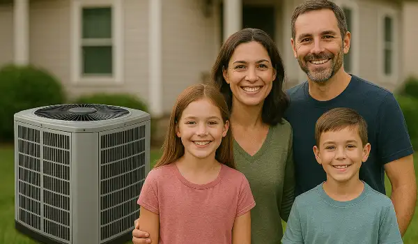a family outside the house smiling at the camera with a new AC unit next to them from Round Rock Air Conditioning Repair in Round Rock, TX - hvac company near me