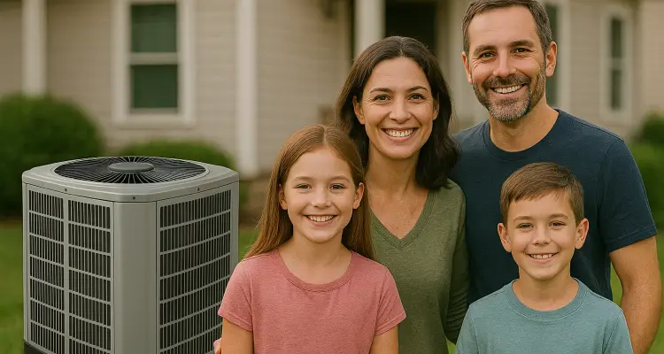 a family outside the house smiling at the camera with a new AC unit next to them from Round Rock Air Conditioning Repair in Round Rock, TX - hvac company near me