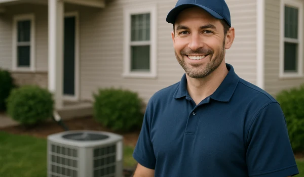 an hvac technician on the front porch smiling at the camera and an AC unit next to him from Round Rock Air Conditioning Repair in Round Rock, TX - HVAC duct & vent installation