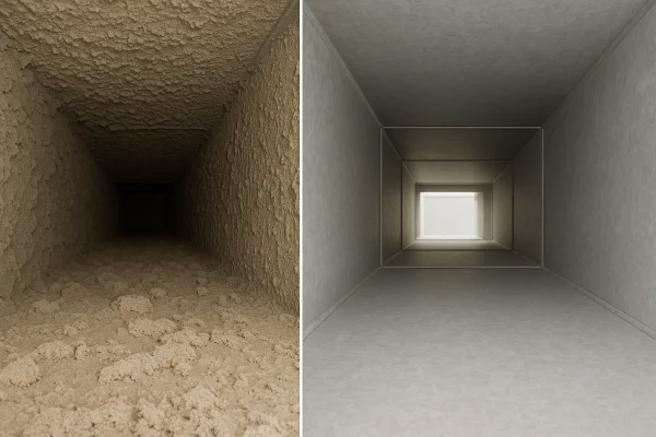 a dirty AC duct on the inside next to a clean AC duct on the inside from Round Rock Air Conditioning Repair in Round Rock, TX - HVAC duct & vent installation