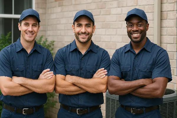 3 hvac technician ouside a house smiling at the camera from Round Rock Air Conditioning Repair in Round Rock, TX - HVAC duct & vent installation
