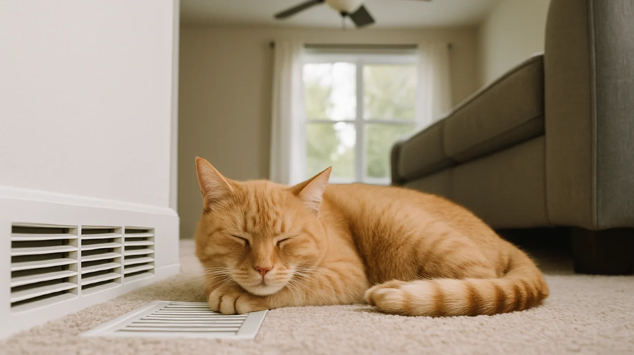 an orange cat laying on the carpet next to an AC vent from Round Rock Air Conditioning Repair in Round Rock, TX - hvac emergency repair
