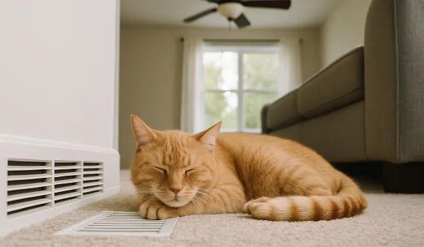 an orange cat laying on the carpet next to an AC vent from Round Rock Air Conditioning Repair in Round Rock, TX - hvac emergency repair