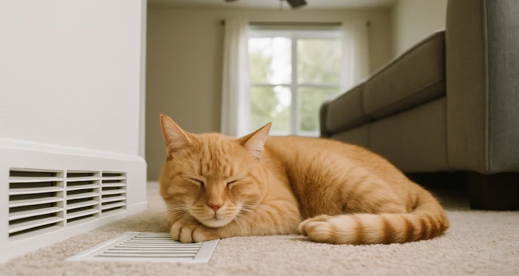 an orange cat laying on the carpet next to an AC vent from Round Rock Air Conditioning Repair in Round Rock, TX - hvac emergency repair