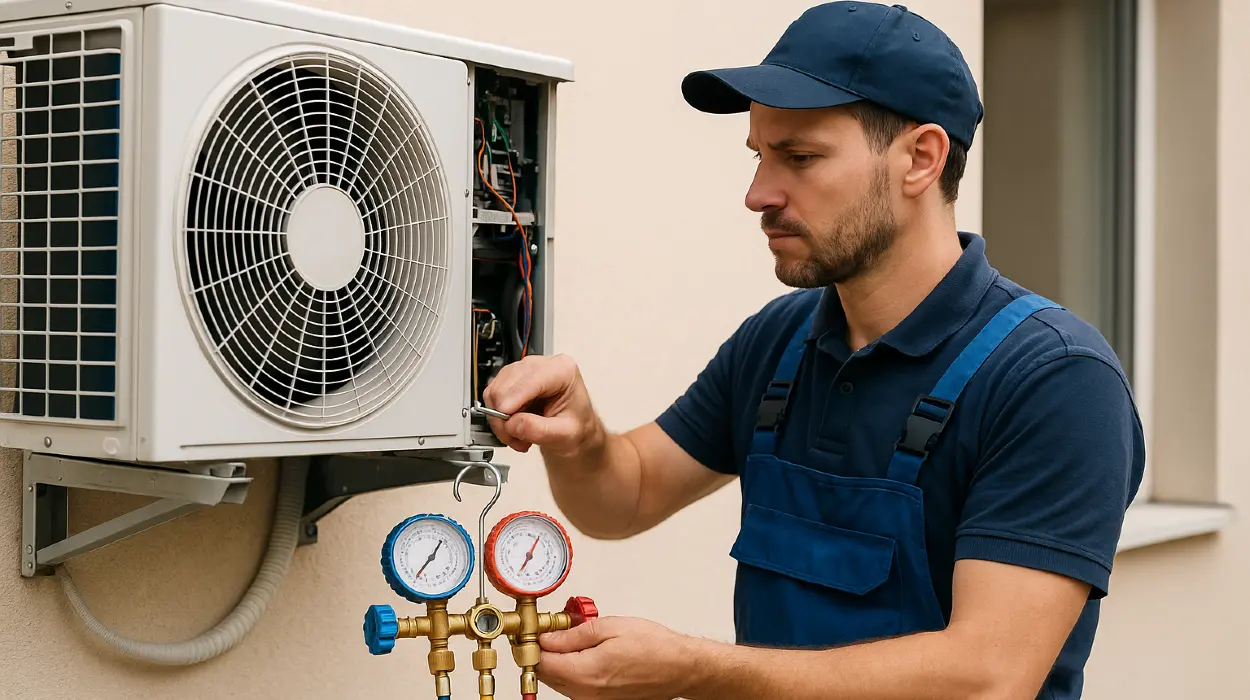 a male hvac technician checking an ac unit from Round Rock Air Conditioning Repair in Round Rock, TX - Hvac Technician near me
