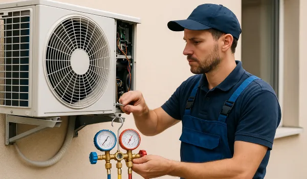a male hvac technician checking an ac unit from Round Rock Air Conditioning Repair in Round Rock, TX - Hvac Technician near me