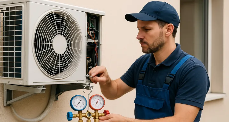 a male hvac technician checking an ac unit from Round Rock Air Conditioning Repair in Round Rock, TX - Hvac Technician near me