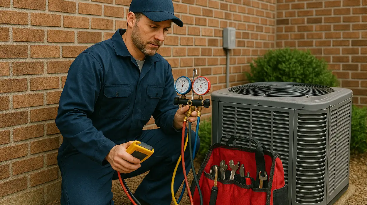 an hvac technician with his tools checking an outside ac unite from Round Rock Air Conditioning Repair in Leander, TX - Leander TX