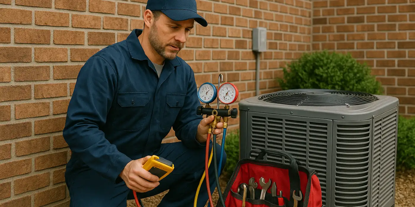 an hvac technician with his tools checking an outside ac unite from Round Rock Air Conditioning Repair in Leander, TX - Leander TX