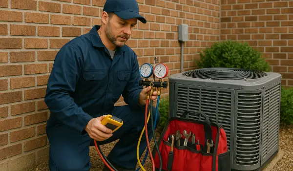 an hvac technician with his tools checking an outside ac unite from Round Rock Air Conditioning Repair in Leander, TX - Leander TX