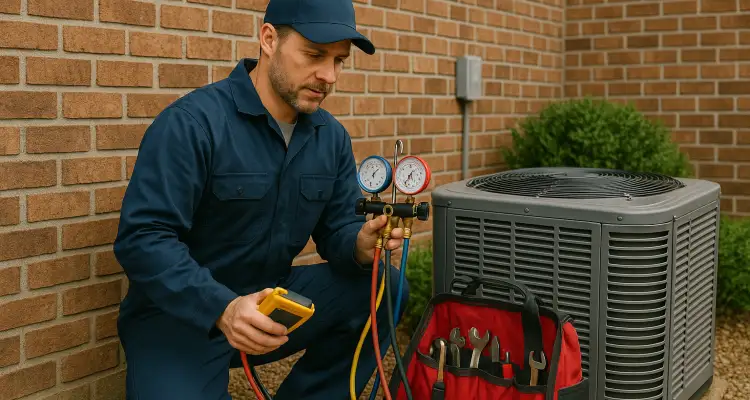 an hvac technician with his tools checking an outside ac unite from Round Rock Air Conditioning Repair in Leander, TX - Leander TX