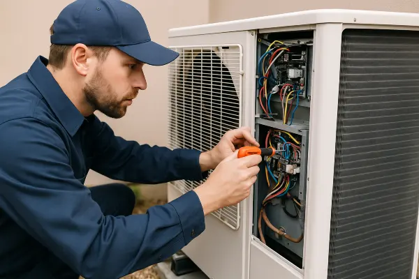 an hvac technician using a scredriver to check the wires of an ac unite from Round Rock Air Conditioning Repair in Leander, TX - Leander TX