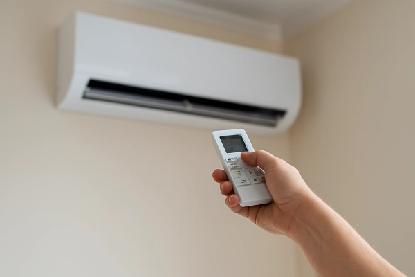 the hand of a person using an AC control remote to adjust the temperature from Round Rock Air Conditioning Repair in Leander, TX - Leander TX