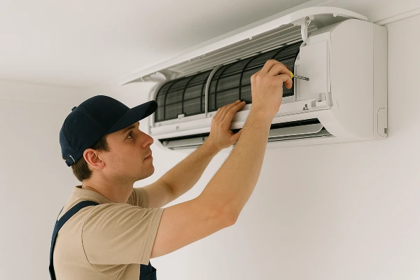 a male hvac technician checking a mini split AC unit from Round Rock Air Conditioning Repair in Pflugerville, TX - Pflugerville TX