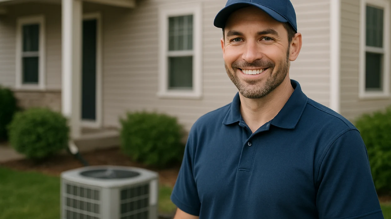 an hvac technician on the front porch smiling at the camera and an AC unit next to him from Round Rock Air Conditioning Repair in Round Rock, TX - same day ac repair