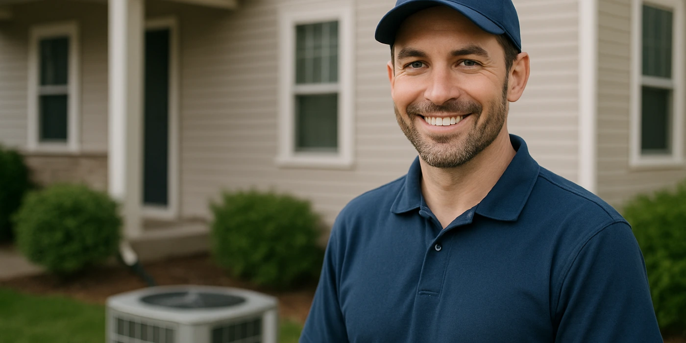 an hvac technician on the front porch smiling at the camera and an AC unit next to him from Round Rock Air Conditioning Repair in Round Rock, TX - same day ac repair
