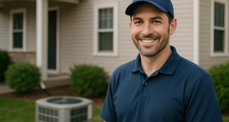an hvac technician on the front porch smiling at the camera and an AC unit next to him from Round Rock Air Conditioning Repair in Round Rock, TX - same day ac repair