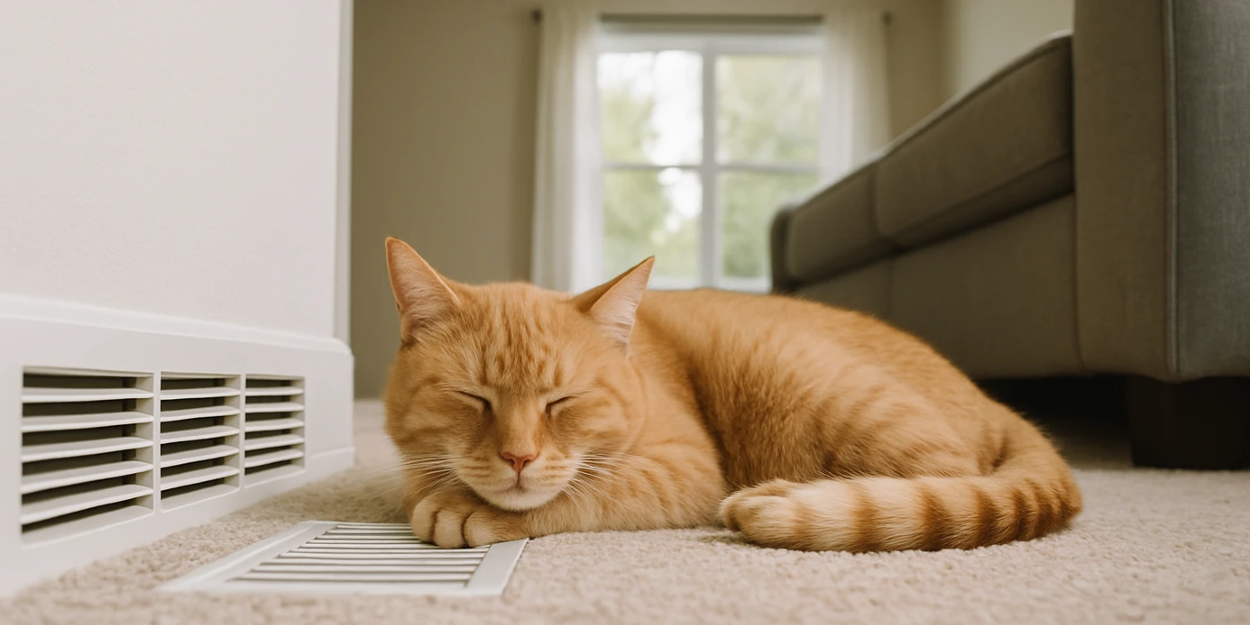 an orange cat laying on the carpet next to an AC vent from Round Rock Air Conditioning Repair in Round Rock, TX - Thermostat installation