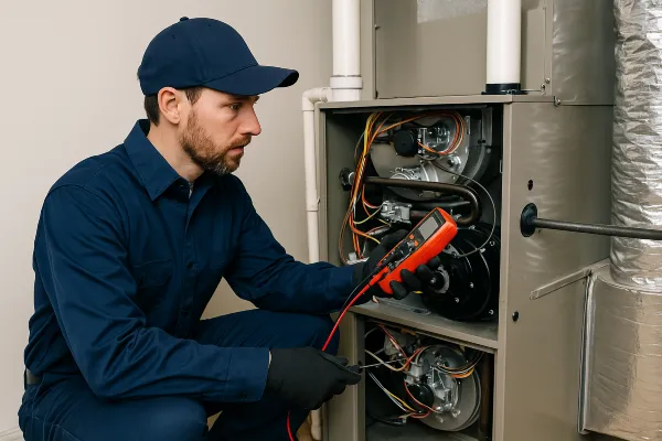 a male hvac technician using a current meter on a furnace unit from Round Rock Air Conditioning Repair in Round Rock, TX - Thermostat installation
