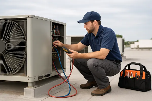 a male hvac technician on the roof checking an AC unit from Round Rock Air Conditioning Repair in Round Rock, TX - Thermostat installation